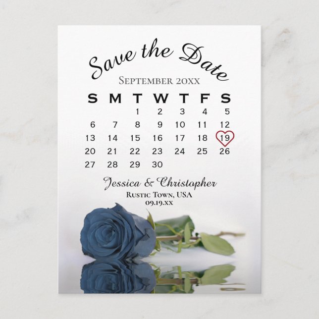 Dusty Blue Rose Wedding Calendar Save the Date Announcement Postcard (Front)