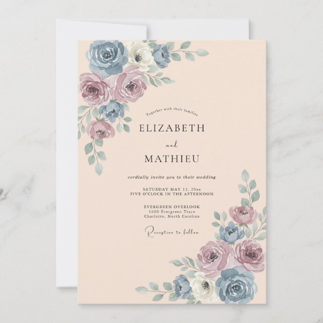 Dusty Blue Rose Wedding Invitation (Front)