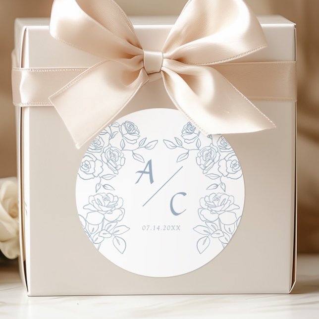 Dusty Blue Rose Wedding Monogram Floral Initials Classic Round Sticker (Creator Uploaded)