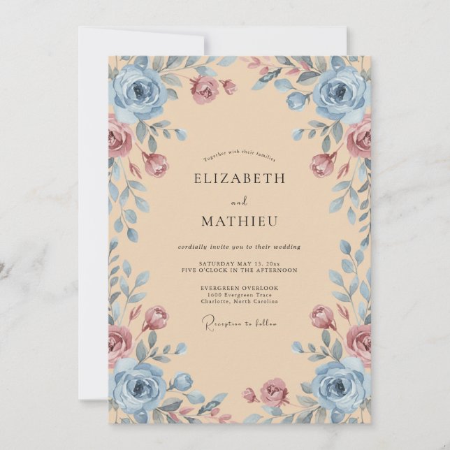 Dusty Blue Rose Whimsical Wedding Invitation (Front)