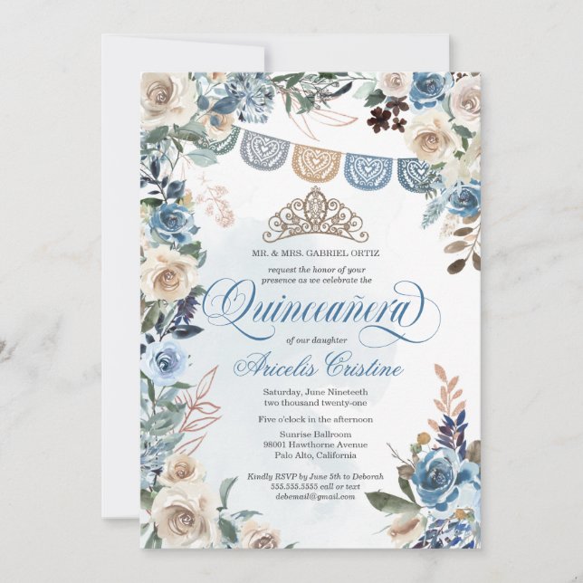 Dusty Blue Rose with Tiara Country Quinceañera Invitation (Front)