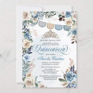 Dusty Blue Rose with Tiara Country Quinceañera Invitation