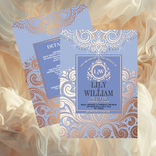 Dusty Blue RoseGold Classic Monogram Boho Wedding (Luxurious Elegant Classic Boho Wedding Invitation - Real Foil and Monogram)