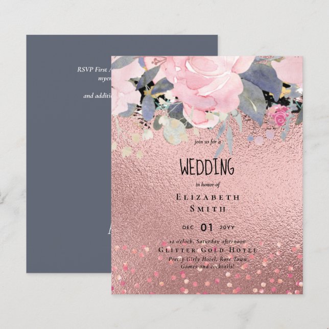 Dusty Blue Rosegold Floral Wedding Invite (Front/Back)