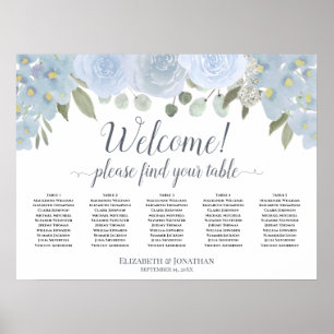 Dusty Blue Roses 5 Table Wedding Seating Chart