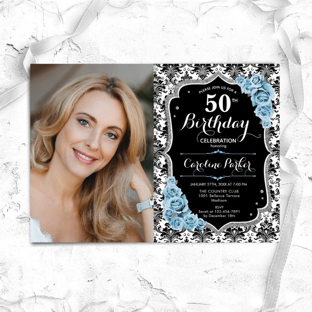 Dusty Blue Roses Black Damask Photo 50th Birthday Invitation (Creator Uploaded)
