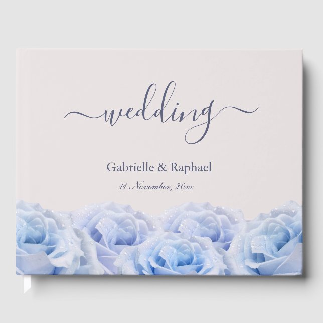 Dusty Blue Roses Blush Pink Elegant Wedding Guest Book (Front)