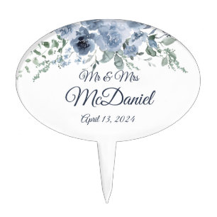 Dusty Blue Roses Bridal Shower Cake Toppers