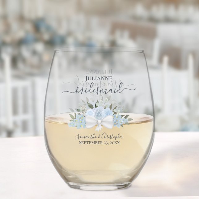 Dusty Blue Roses Bridesmaid Maid of Honour Gift Stemless Wine Glass (Order individually or in Sets)