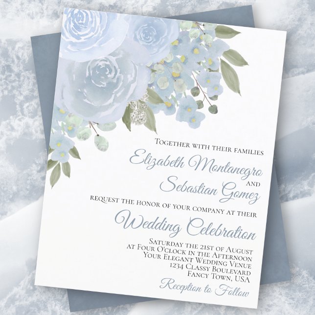 Dusty Blue Roses Elegant BUDGET Wedding Invitation (Creator Uploaded)