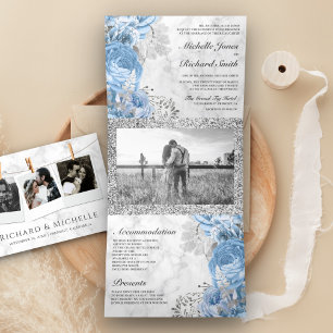 Dusty Blue Roses Floral Photo White Marble Wedding Tri-Fold Invitation