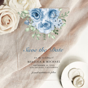 Dusty Blue Roses Floral Wedding Save the Date Acrylic Invitations
