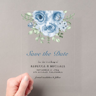 Dusty Blue Roses Floral Wedding Save the Date Acrylic Invitations