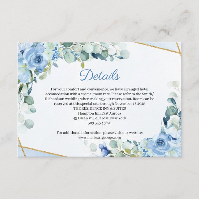 Dusty Blue Roses Gold Geometric Wedding Details Enclosure Card (Front)