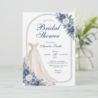Dusty Blue Roses, Gown & Pearls Bridal Shower Invitation