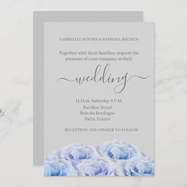 Dusty Blue Roses Light Grey Elegant Floral Wedding Invitation (Front/Back)