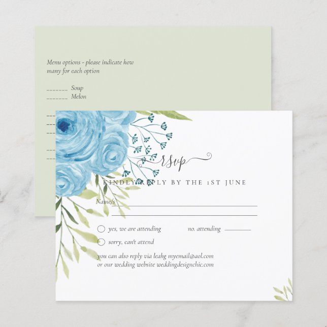 Dusty Blue Roses Lime Leaves Wedding Budget (Front/Back)
