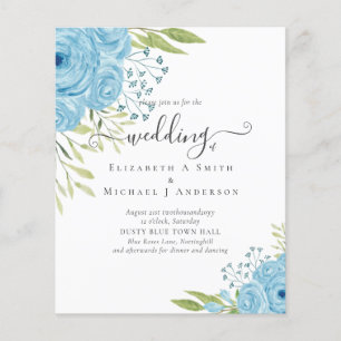 Dusty Blue Roses Lime Leaves Wedding Budget Flyer