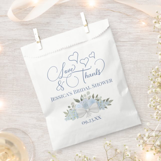 Dusty Blue Roses Love & Thanks Bridal Shower Favour Bags (Clipped)