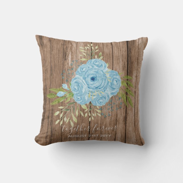 Dusty Blue Roses Newly Weds We3dding Gift Personal Cushion (Front)