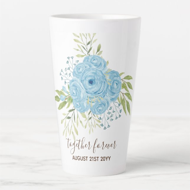 Dusty Blue Roses NewlyWeds Wedding Gift Personal Latte Mug (Front)