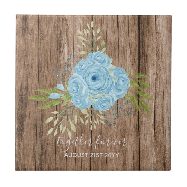 Dusty Blue Roses NewlyWeds Wedding Gift Personal Tile (Front)