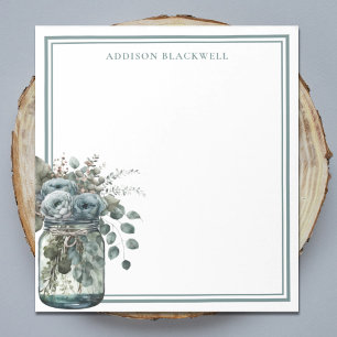 Dusty Blue Roses Personalized Watercolor Mason Jar Notepad