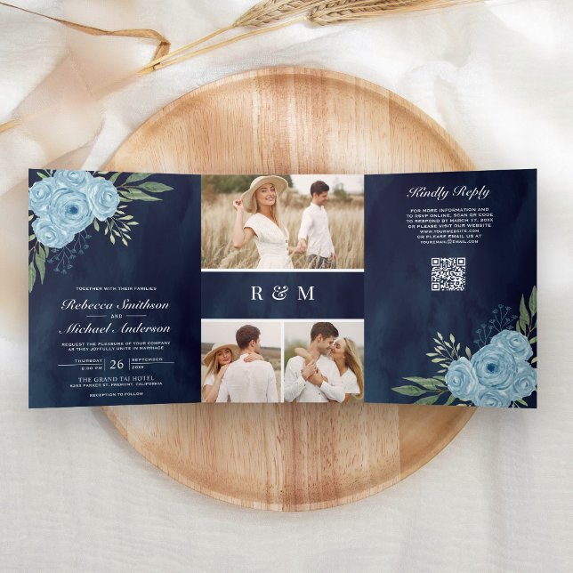 Dusty Blue Roses Photo Navy Blue QR Code Wedding Tri-Fold Invitation (Creator Uploaded)