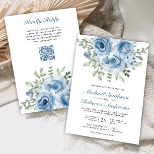 Dusty Blue Roses QR Code Wedding Invitation