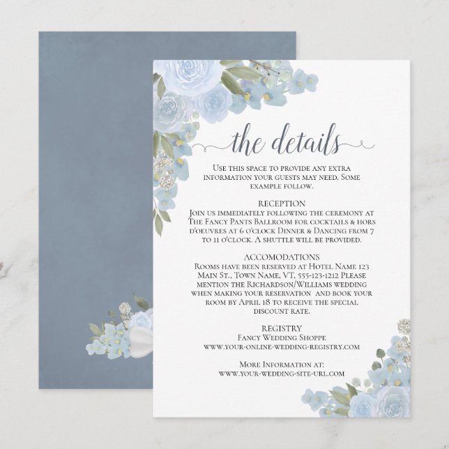 Dusty Blue Roses Rustic Boho Chic Wedding Details Enclosure Card (Front/Back)