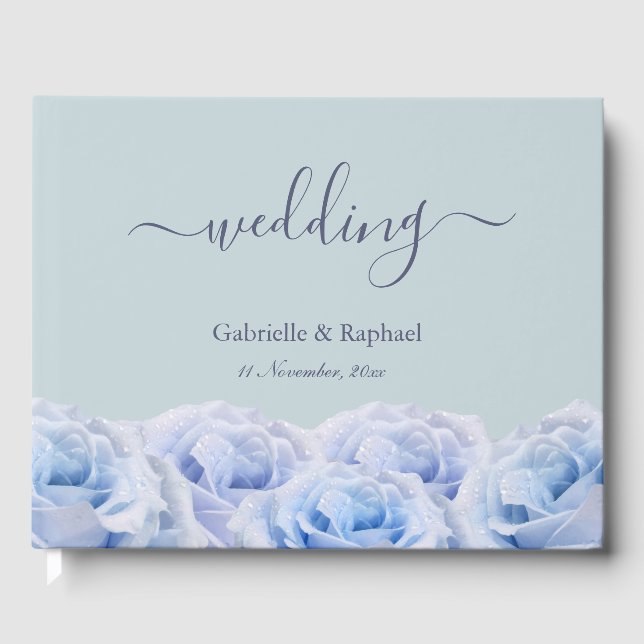Dusty Blue Roses Sage Green Elegant Wedding Guest Book (Front)