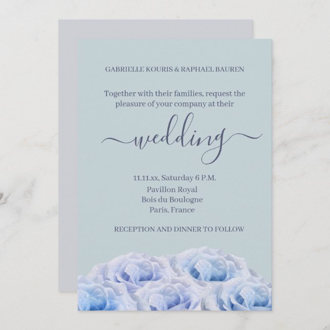 Dusty Blue Roses Sage Grey Elegant Floral Wedding Invitation (Front/Back)