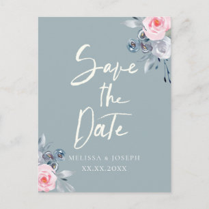dusty blue roses save the date script announcement postcard