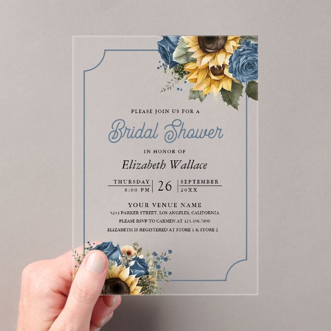Dusty Blue Roses Sunflowers Photo Bridal Shower Acrylic Invitations (Insitu (Handheld))