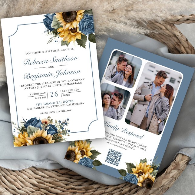 Dusty Blue Roses Sunflowers Photo QR Code Wedding Invitation (Creator Uploaded)