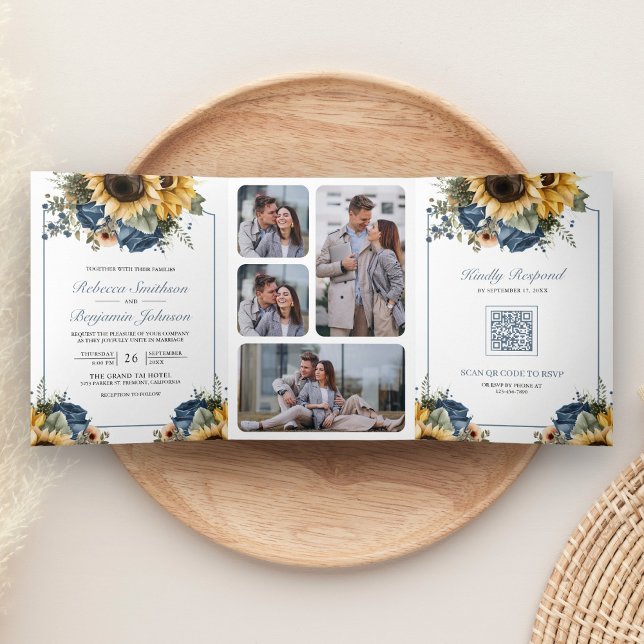 Dusty Blue Roses Sunflowers Photo QR Code Wedding Tri-Fold Invitation (Creator Uploaded)