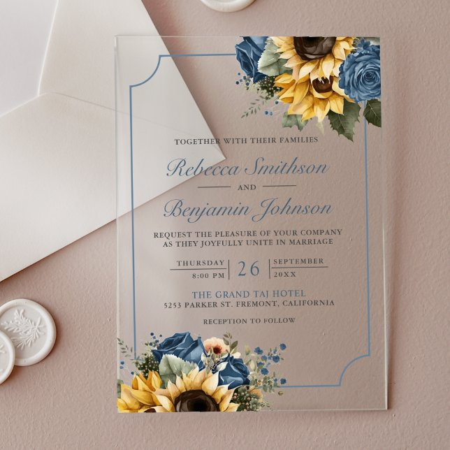 Dusty Blue Roses Sunflowers Wedding Acrylic Invitations (Creator Uploaded)