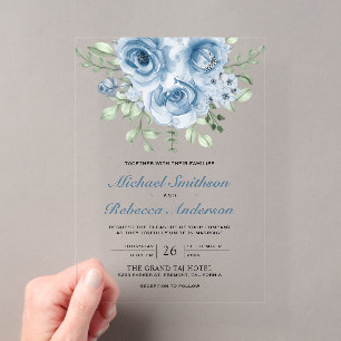 Dusty Blue Roses Wedding Acrylic Invitations
