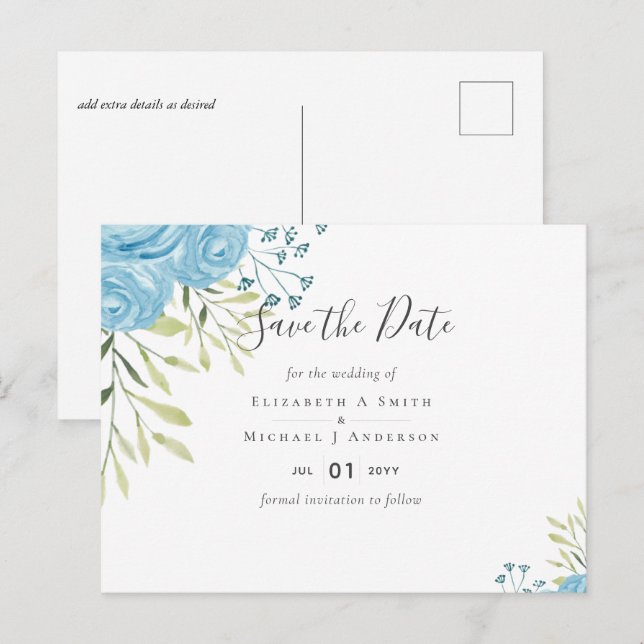 Dusty Blue Roses Wedding Budget Postcard (Front/Back)