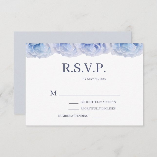 Dusty Blue Roses White Elegant Floral Wedding RSVP Invitation (Front/Back)