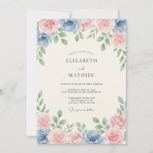 Dusty Blue Rosy Spring Wedding Invitation