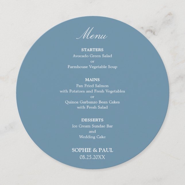Dusty Blue Round Wedding Menu (Front)