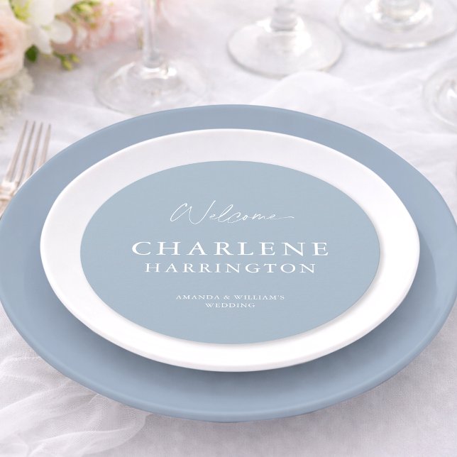 Dusty Blue Round Wedding Menu with Guest Name (Creator Uploaded)