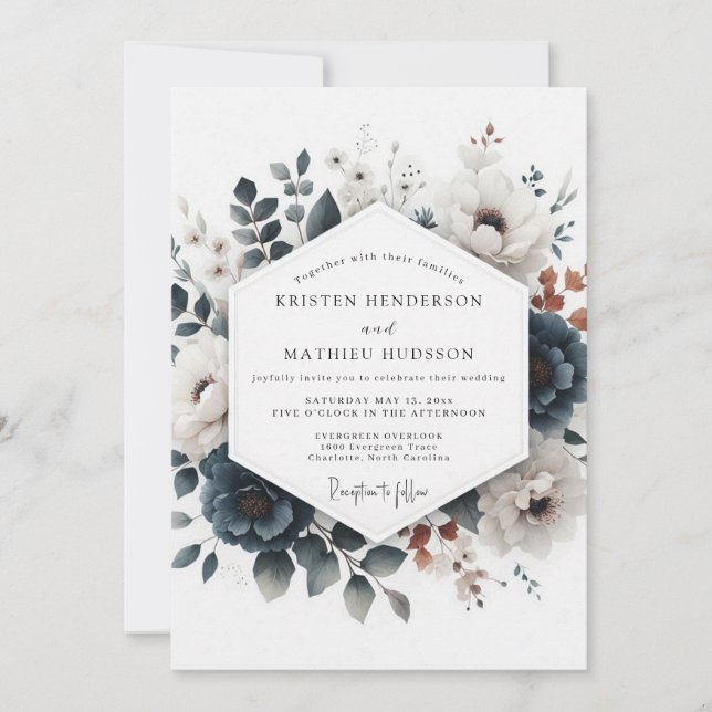 Dusty Blue Russet Flora Wedding Invitation (Front)