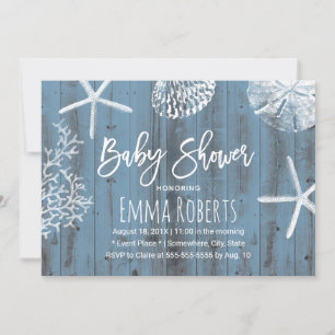 Dusty Blue Rustic Beach Seashells Baby Shower Invitation