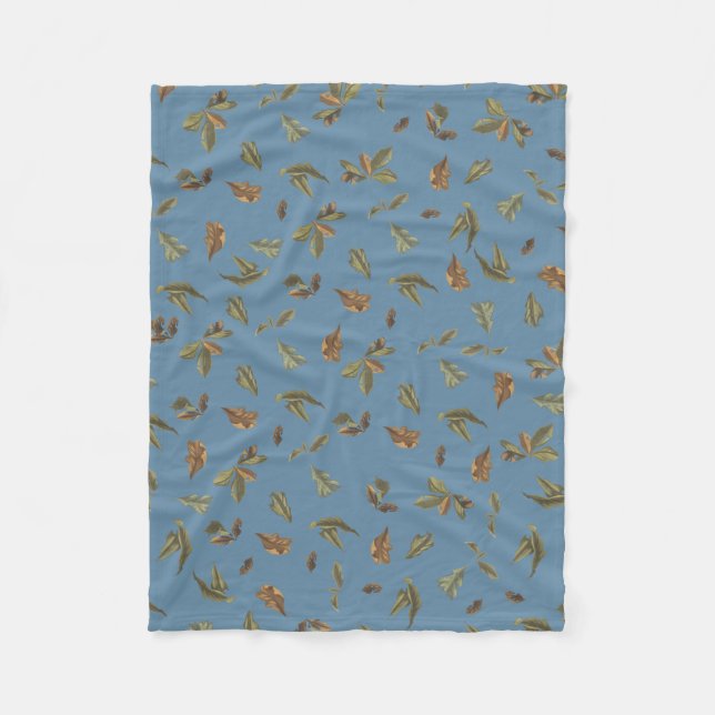 Dusty Blue Rustic Brown Leaves Fleece Blanket (Front)