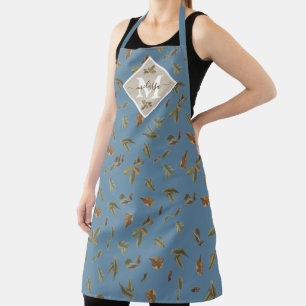 Dusty Blue Rustic Brown Leaves Monogrammed  Apron