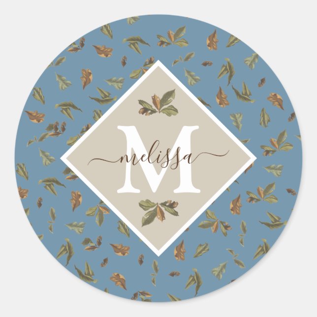 Dusty Blue Rustic Brown Leaves Monogrammed  Classic Round Sticker (Front)