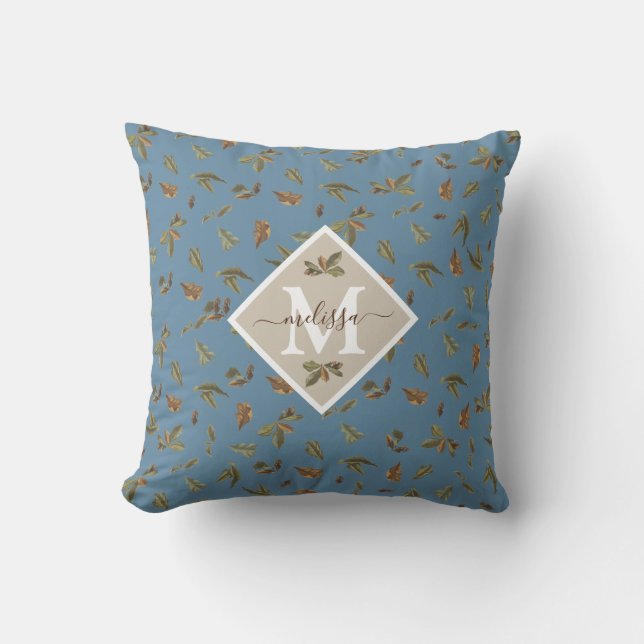 Dusty Blue Rustic Brown Leaves Monogrammed  Cushion (Front)