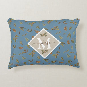 Dusty Blue Rustic Brown Leaves Monogrammed Decorative Cushion